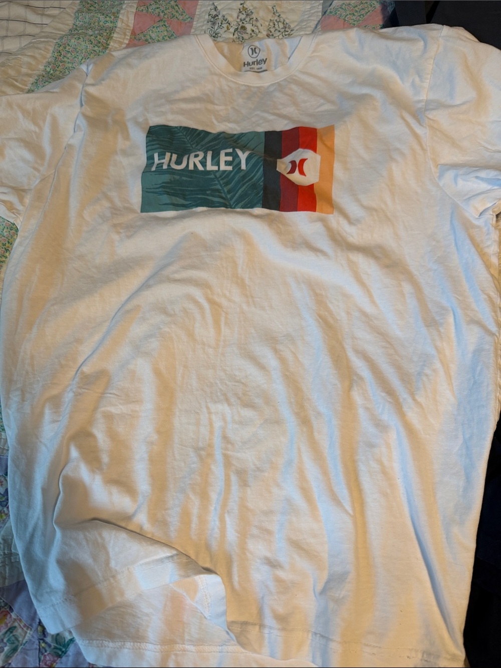 Hurley White Tee with Teal and Orange Graphic